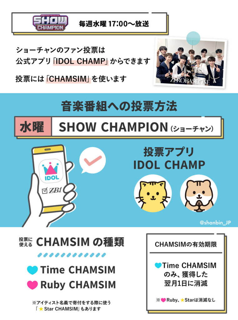 ZEROBASEONE　ゼベワン　投票アプリ　IDOL CHAMP　アイドルチャンプ　SHOW CHAMPION　ショーチャンピオン　使い方　ポイントの集め方　CHAMSIM　有効期限　無料　ダウンロード　課金　クーポン　事前投票　投票期間　ZB1　ゼロベースワン　K-POP　音楽番組　ゼロズ　ZE_ROSE　ZEROSE