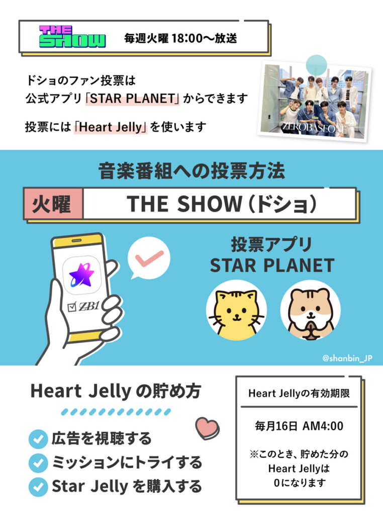 ZEROBASEONE　ゼベワン　投票アプリ　STAR PLANET　THE SHOW　ドショ　使い方　登録方法　ダウンロード　投票上限　事前投票　ライブ投票　投票期間　投票時間　　ポイントの集め方　課金　Heart Jelly　Star Jelly　無課金　無料　ZB1　ゼロベースワン　K-POP　韓国　音楽番組　ゼロズ　ZE_ROSE　ZEROSE