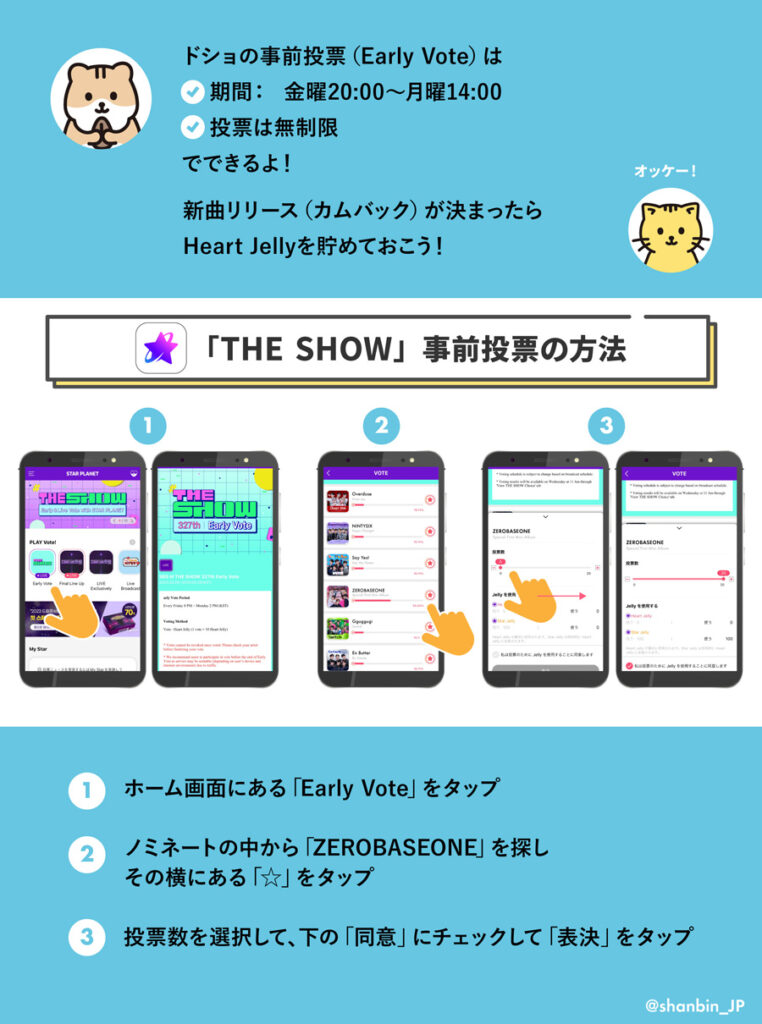 ZEROBASEONE　ゼベワン　投票アプリ　STAR PLANET　THE SHOW　ドショ　使い方　登録方法　ダウンロード　投票上限　事前投票　ライブ投票　投票期間　投票時間　　ポイントの集め方　課金　Heart Jelly　Star Jelly　無課金　無料　ZB1　ゼロベースワン　K-POP　韓国　音楽番組　ゼロズ　ZE_ROSE　ZEROSE