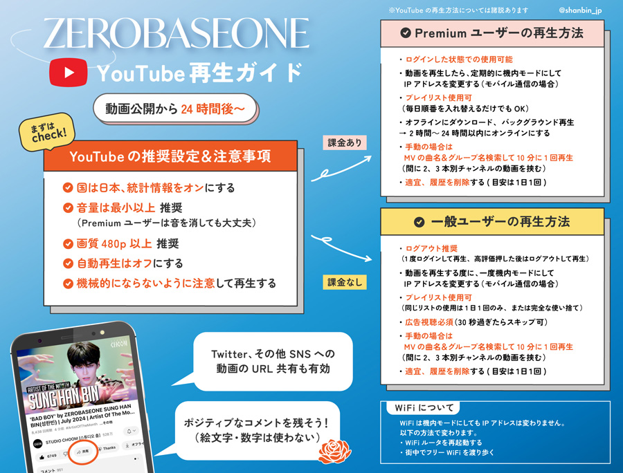 ZEROBASEONE　ゼベワン　MV再生方法　YouTube　ミュス　設定　おすすめ　推奨　国　統計情報　音量　画質　自動再生　プレミアムユーザー　Premiumユーザー　課金ありなし　無課金　一般ユーザー　有料　無料　プレイリスト　IPアドレス　Wi-Fi　モバイル通信　バックグラウンド再生　韓国カムバ　本国　イル活　違い　広告視聴　手動　ZB1　ゼロベースワン　K-POP　ゼロズ　ZE_ROSE　ZEROSE