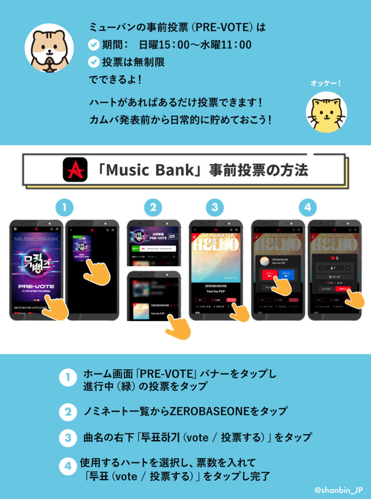 ZEROBASEONE　ゼベワン　投票アプリ　ALLCHART　オールチャート　Music Bank　ミューバン　使い方　ダウンロード　ポイントの集め方　ハート　課金　投票上限　事前投票　投票期間　投票時間　BPM　Best Performance Musician　ファン投票　人気投票　YouTube視聴　地図保存　言語設定　ZB1　ゼロベースワン　K-POP　音楽番組　ゼロズ　ZE_ROSE　ZEROSE