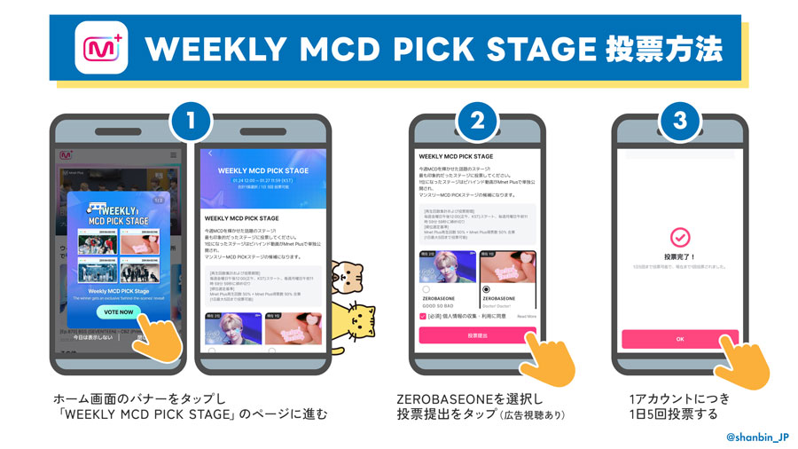 ZEROBASEONE　ゼベワン　投票アプリ　Mnet Plus　エムネットプラス　M COUNTDOWN　エムカウントダウン　WEEKLY MCD PICK STAGE　MONTHLY MCD PICK STAGE　エムカピック　投票方法　ビデオ視聴方法　使い方　複数アカウント　IPアドレスの切り替え　ダウンロード　投票上限　事前投票　投票期間　投票時間　MAMA　ZB1　ゼロベースワン　K-POP　音楽番組　ゼロズ　ZE_ROSE　ZEROSE